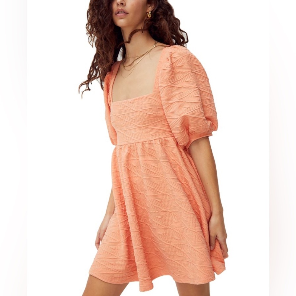 Free People Violet Puff Sleeve Babydoll Mini Dress Orange Size Peach Medium